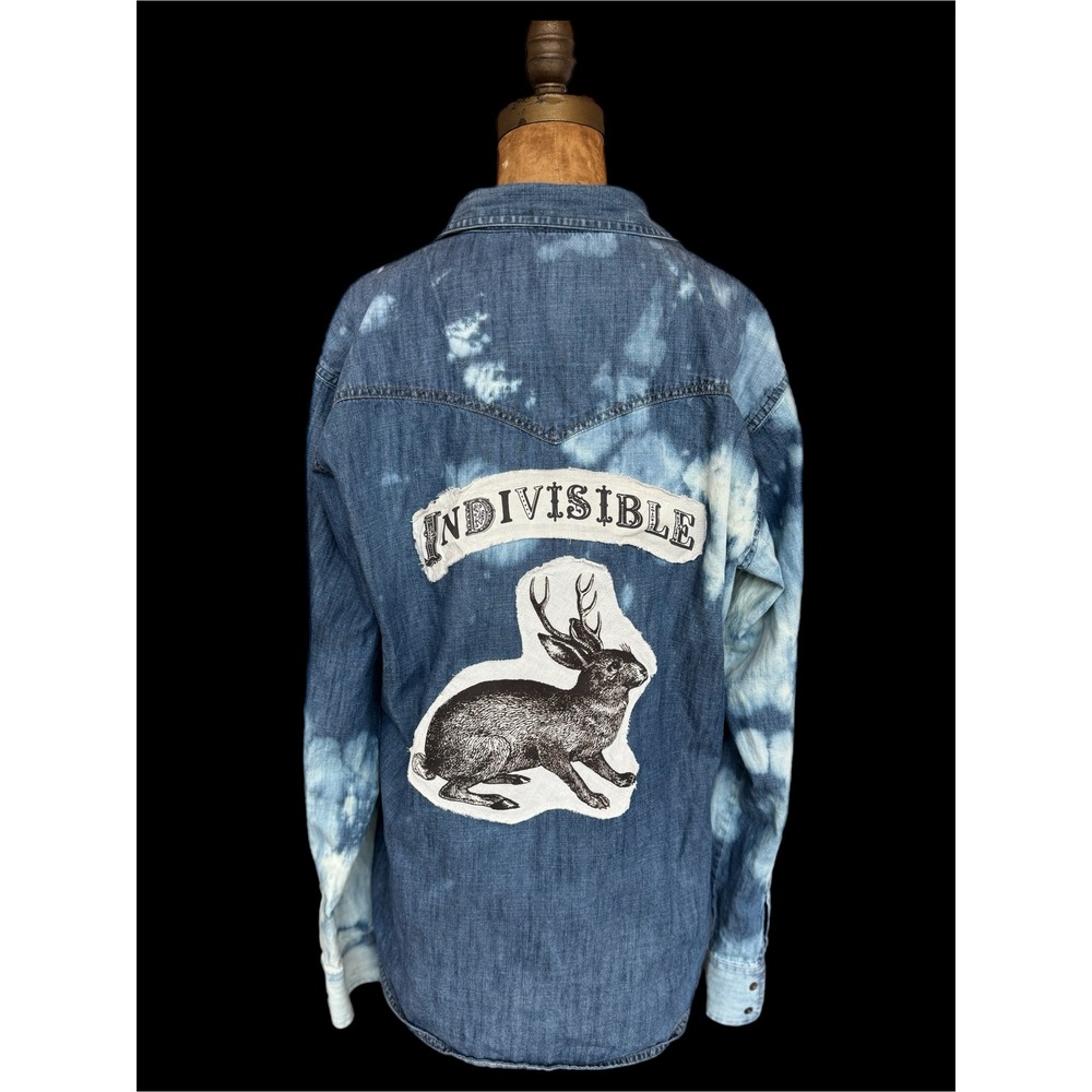 Upcycled Wrangler Denim Shirt Indivisible Jackalope‎ Folk Art Size Large